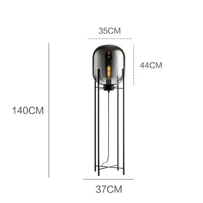 Postmodern amber glass ball floor lamp – living room black metal frame
