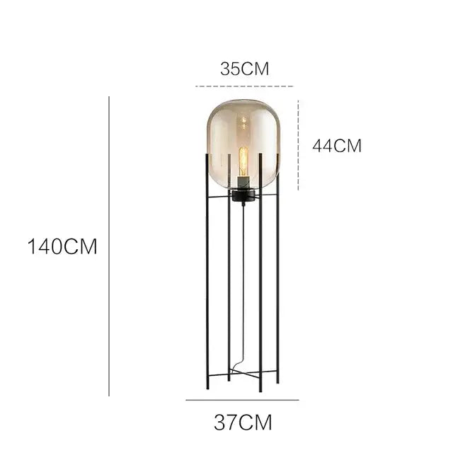 Postmodern amber glass ball floor lamp – living room black metal frame