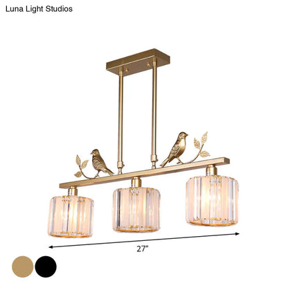 DecorBites™ Postmodern Black/Gold Crystal Prism Pendant Lamp with Bird and Leaf Decoration - 3-Bulb Cylinder Hanging Island Light