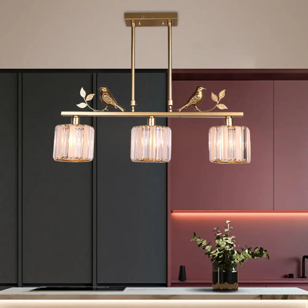 DecorBites™ Postmodern Black/Gold Crystal Prism Pendant Lamp with Bird and Leaf Decoration - 3-Bulb Cylinder Hanging Island Light