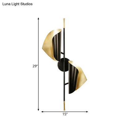 Postmodern black & gold ribbed leaf wall light for staircase