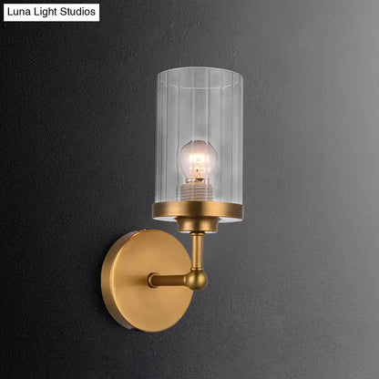 Postmodern brass cylinder wall light bedroom ribbed glass sconce