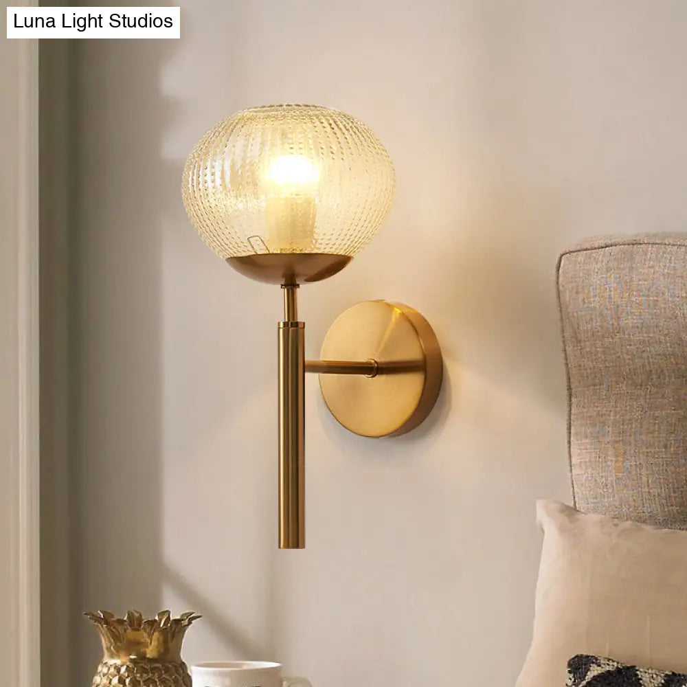 DecorBites™ Postmodern Brass Sconce Bedside Wall Light with Textured Glass Shade - 1-Bulb Ball Shaped Lamp