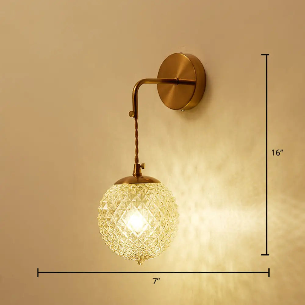 DecorBites™ Postmodern Brass Sconce Bedside Wall Light with Textured Glass Shade - 1-Bulb Ball Shaped Lamp
