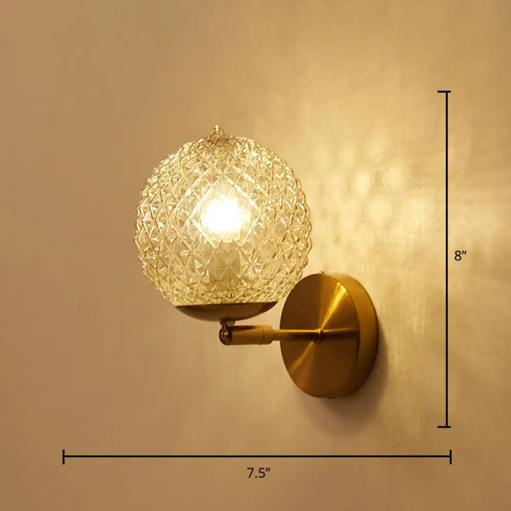 DecorBites™ Postmodern Brass Sconce Bedside Wall Light with Textured Glass Shade - 1-Bulb Ball Shaped Lamp