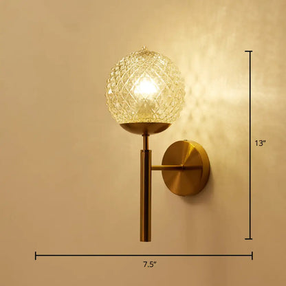 DecorBites™ Postmodern Brass Sconce Bedside Wall Light with Textured Glass Shade - 1-Bulb Ball Shaped Lamp