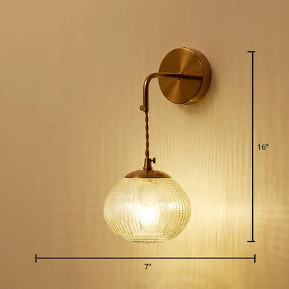DecorBites™ Postmodern Brass Sconce Bedside Wall Light with Textured Glass Shade - 1-Bulb Ball Shaped Lamp