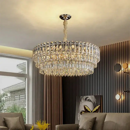 Postmodern clear and gold crystal chandelier dining room