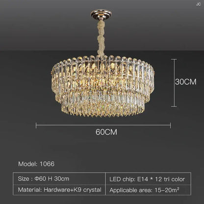 Postmodern clear and gold crystal chandelier dining room