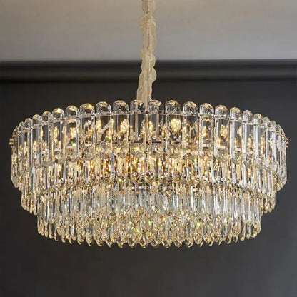 Postmodern clear and gold crystal chandelier dining room