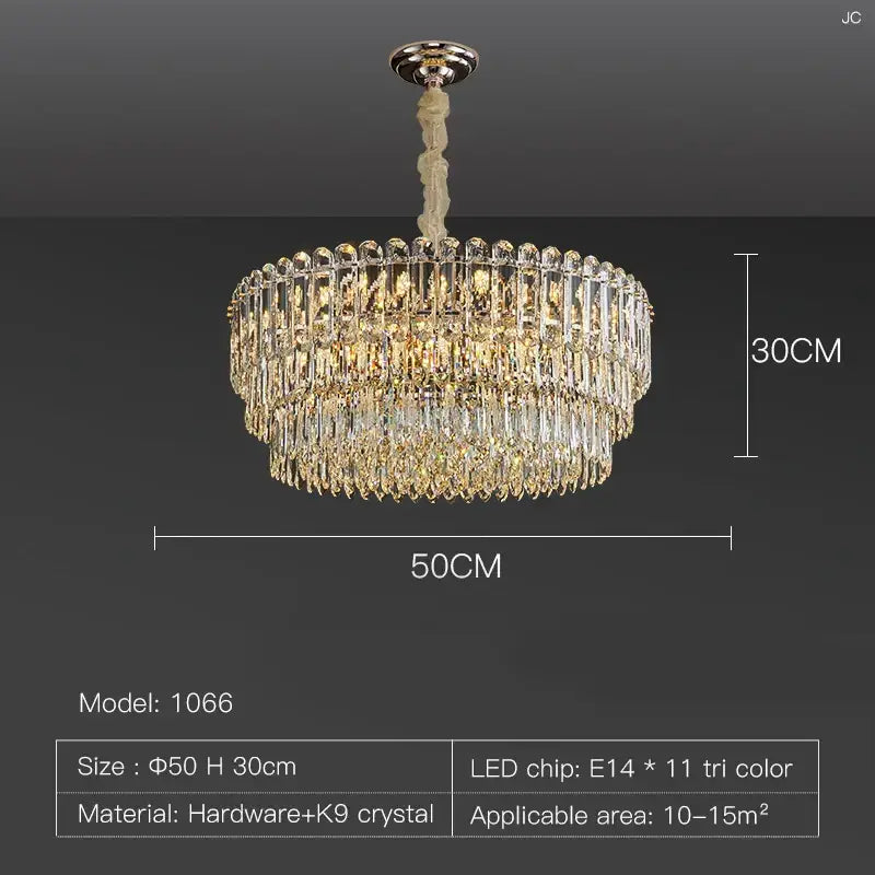 Postmodern clear and gold crystal chandelier dining room