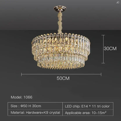 Postmodern clear and gold crystal chandelier dining room