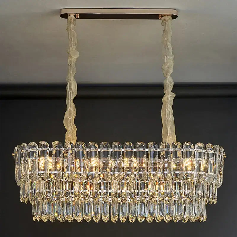 Postmodern clear and gold crystal chandelier dining room