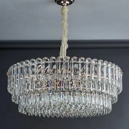 Postmodern clear and gold crystal chandelier dining room