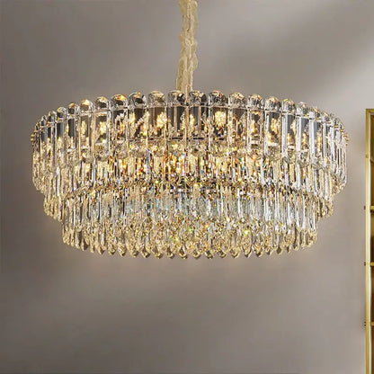 Postmodern clear and gold crystal chandelier dining room