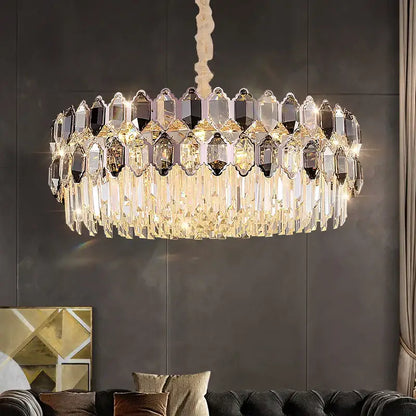 Postmodern clear & dark tiered crystal chandelier living room