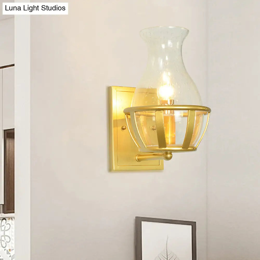 DecorBites™ Postmodern Clear Glass Vase Sconce Light Fixture - Gold Wall Mounted Lamp with Basket Base