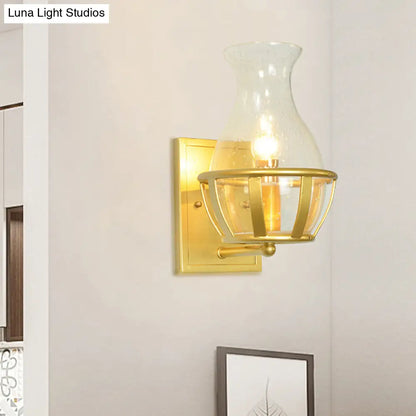 DecorBites™ Postmodern Clear Glass Vase Sconce Light Fixture - Gold Wall Mounted Lamp with Basket Base