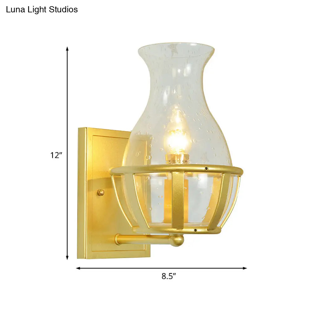 DecorBites™ Postmodern Clear Glass Vase Sconce Light Fixture - Gold Wall Mounted Lamp with Basket Base