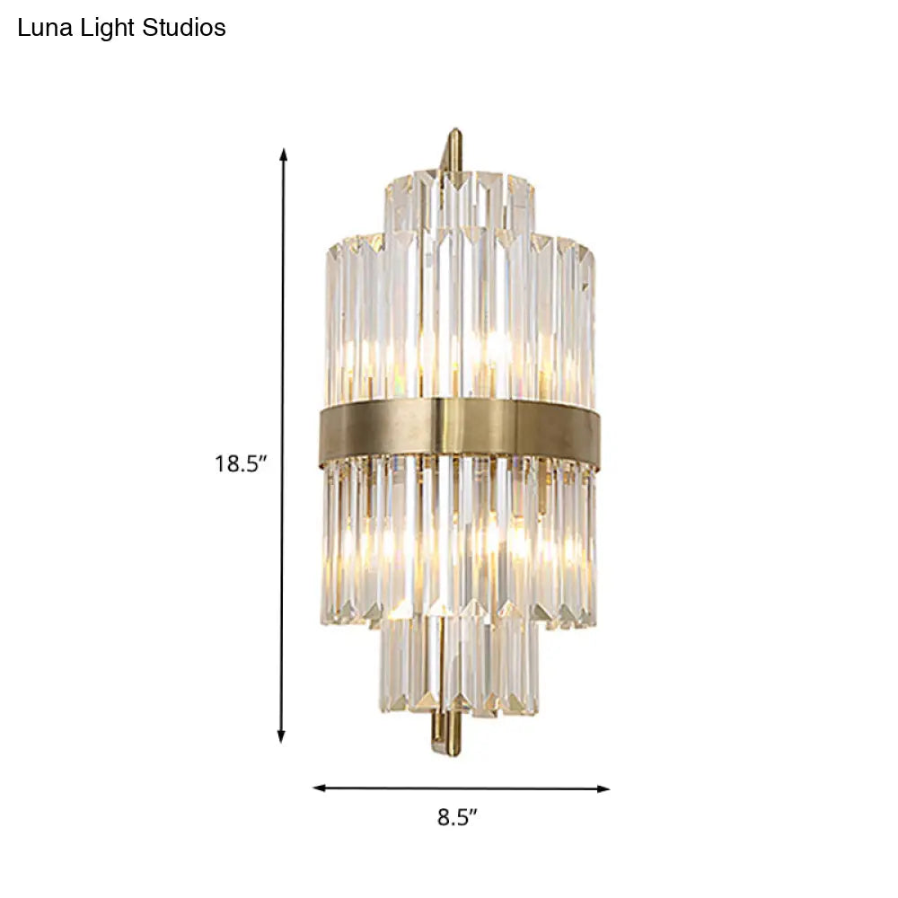 DecorBites™ Postmodern Crystal Block Wall Sconce in Gold with 2 Cylinder Lights - Ideal for Corridors