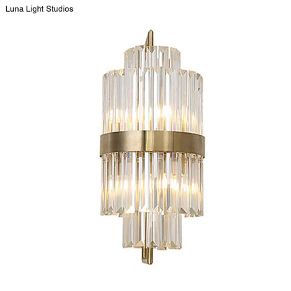 DecorBites™ Postmodern Crystal Block Wall Sconce in Gold with 2 Cylinder Lights - Ideal for Corridors