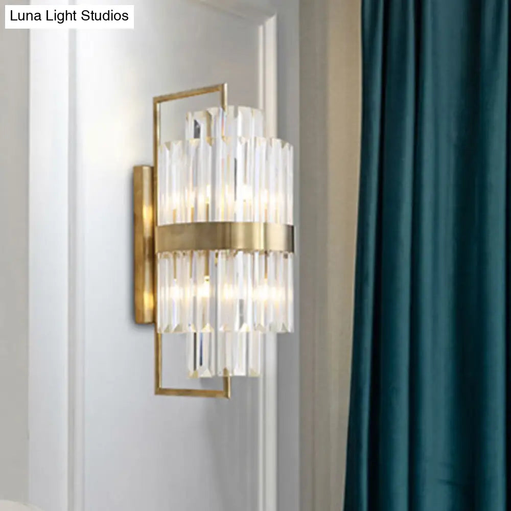 DecorBites™ Postmodern Crystal Block Wall Sconce in Gold with 2 Cylinder Lights - Ideal for Corridors