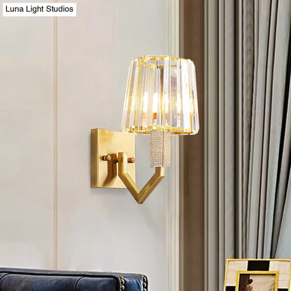 DecorBites™ Postmodern Crystal Prism Gold Wall Sconce with Clear Tapered Shade - 1-Light Wall Mount Fixture