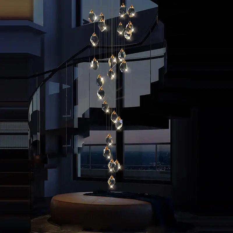 Postmodern crystal stone copper chandelier for staircase lighting
