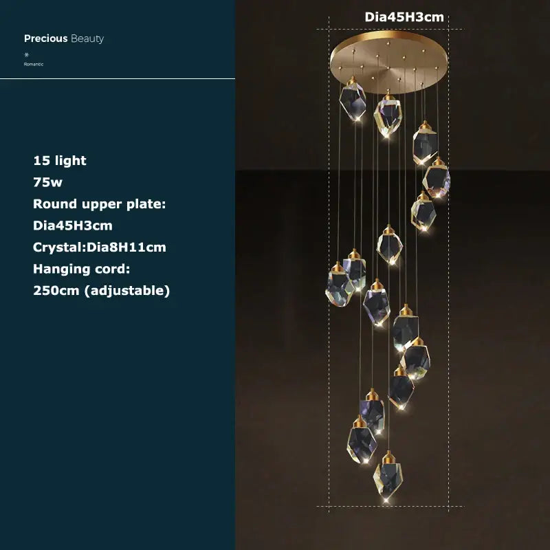 Postmodern crystal stone copper chandelier for staircase lighting