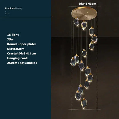 Postmodern crystal stone copper chandelier for staircase lighting