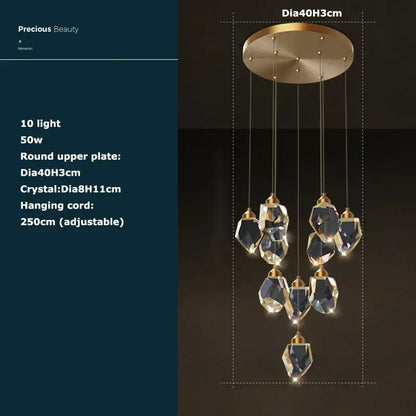 Postmodern crystal stone copper chandelier for staircase lighting