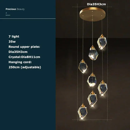 Postmodern crystal stone copper chandelier for staircase lighting