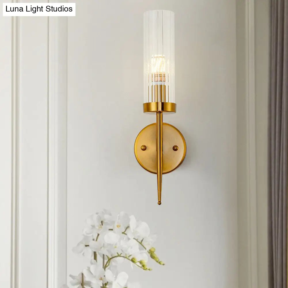 DecorBites™ Postmodern Cylindrical Wall Mount Light in Gold with Clear Ribbed Glass - Perfect for Stairway Lighting