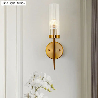 DecorBites™ Postmodern Cylindrical Wall Mount Light in Gold with Clear Ribbed Glass - Perfect for Stairway Lighting
