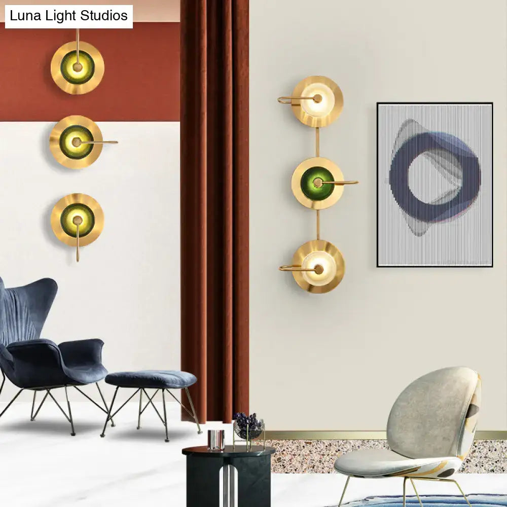 Postmodern gold and olive glass disc wall sconce living room lamp
