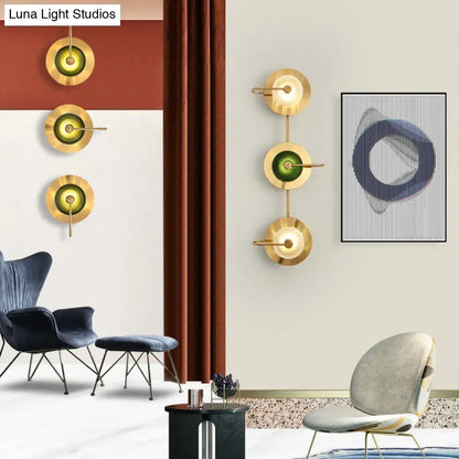 Postmodern gold and olive glass disc wall sconce living room lamp