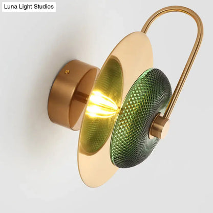 Postmodern gold and olive glass disc wall sconce living room lamp