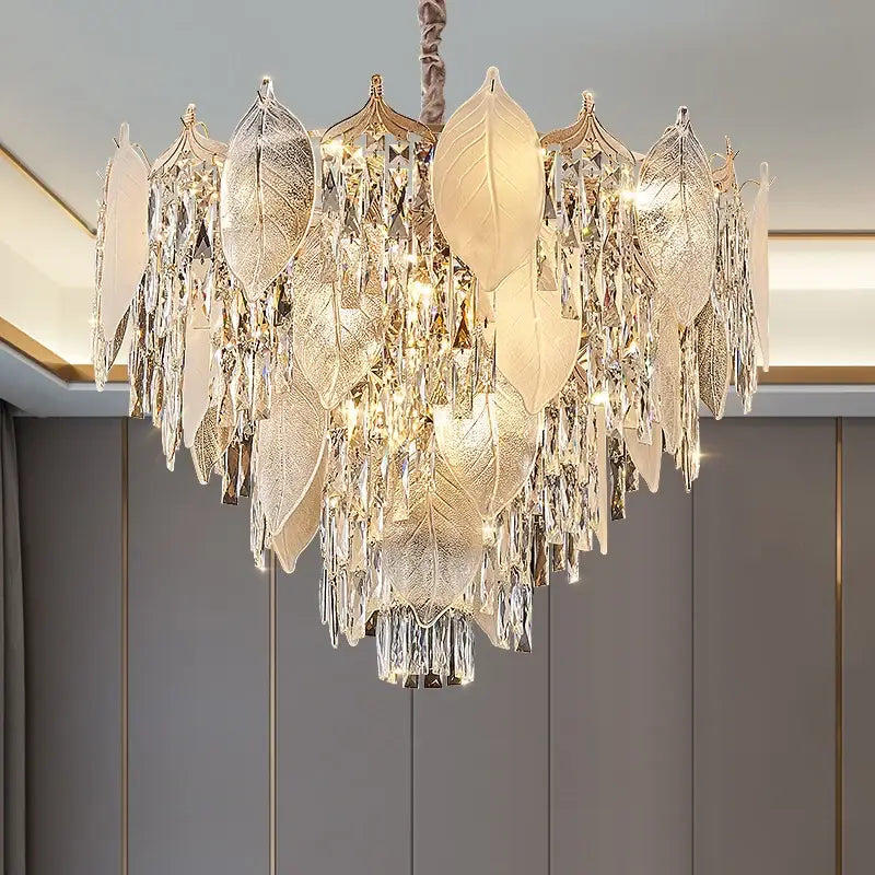 Postmodern gold crystal leaves chandelier for living room