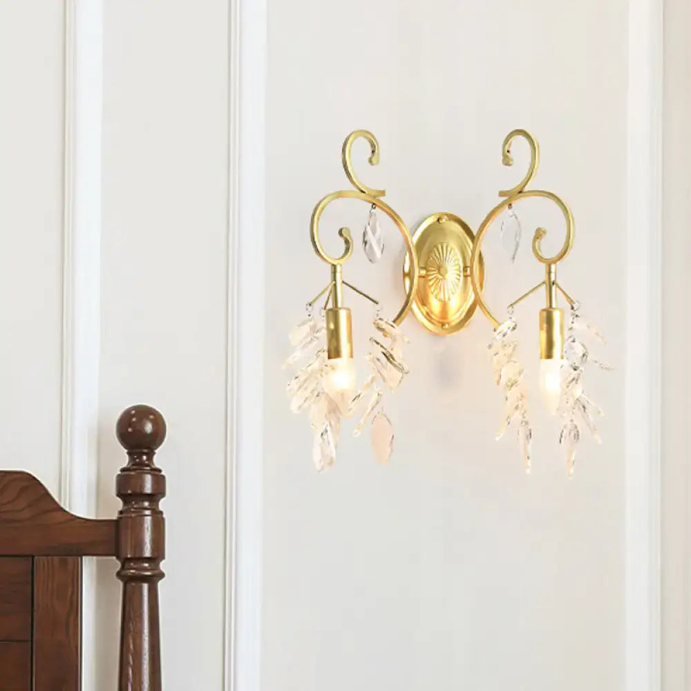 Postmodern gold curve arm sconce light with crystal – living room sconce
