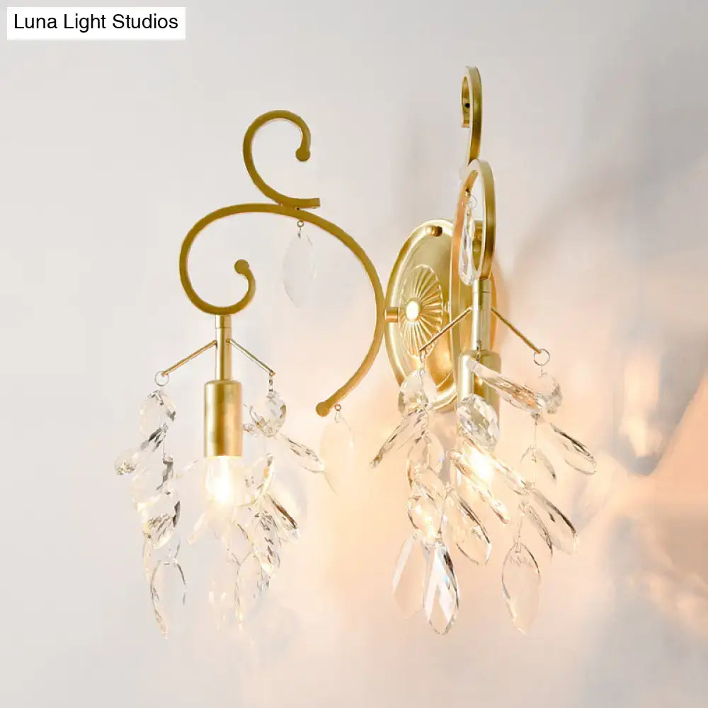 Postmodern gold curve arm sconce light with crystal – living room sconce