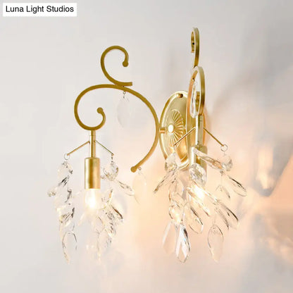 Postmodern gold curve arm sconce light with crystal – living room sconce