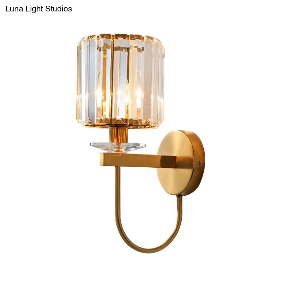 DecorBites™ Postmodern Gold Cylindrical Crystal Wall Sconce with Curved Arm