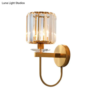 DecorBites™ Postmodern Gold Cylindrical Crystal Wall Sconce with Curved Arm