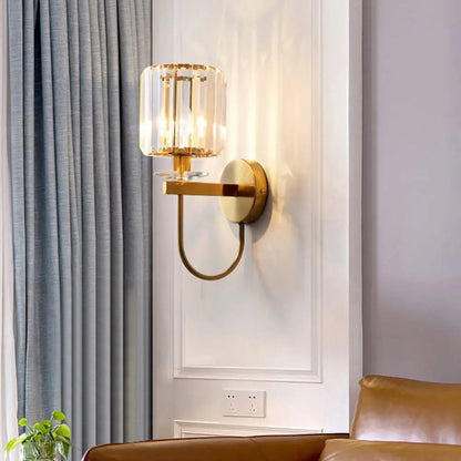 DecorBites™ Postmodern Gold Cylindrical Crystal Wall Sconce with Curved Arm