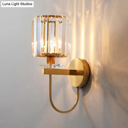 DecorBites™ Postmodern Gold Cylindrical Crystal Wall Sconce with Curved Arm