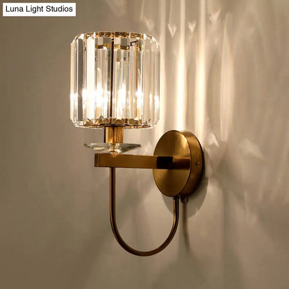DecorBites™ Postmodern Gold Cylindrical Crystal Wall Sconce with Curved Arm
