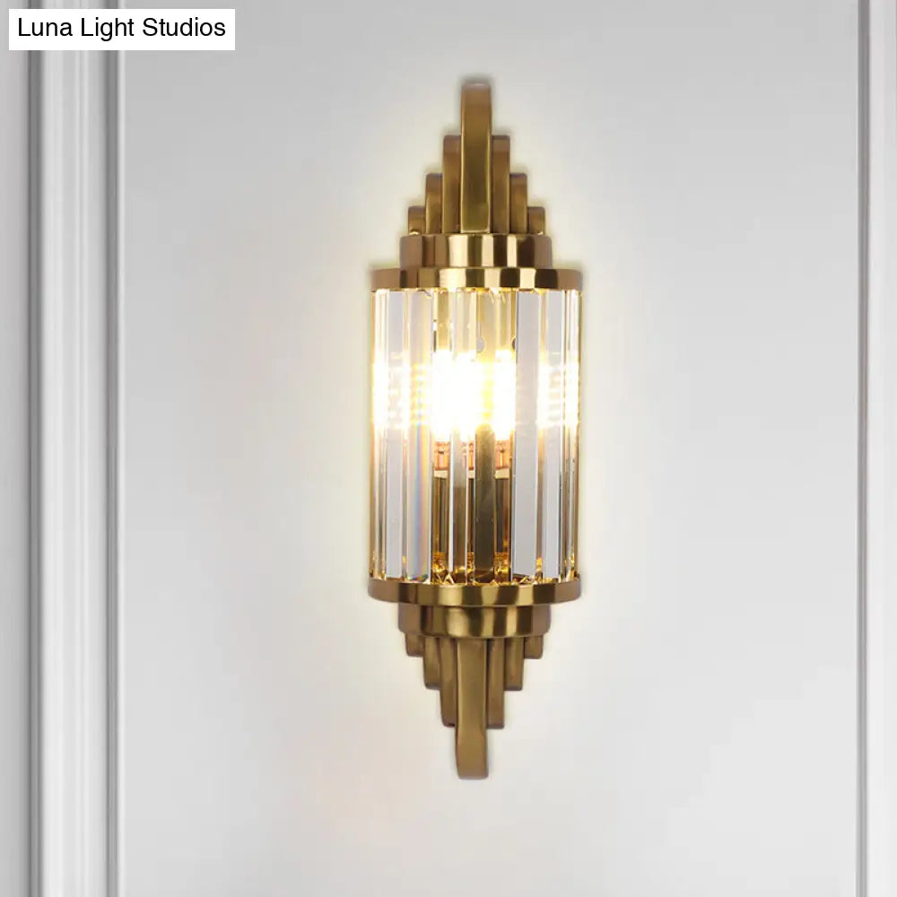 DecorBites™ Postmodern Gold Finish Cylinder Wall Sconce with Crystal Prisms - Ideal for Living Room