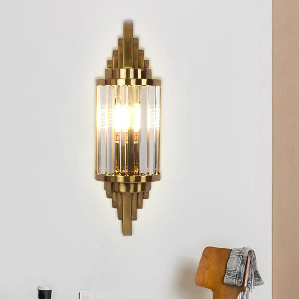 DecorBites™ Postmodern Gold Finish Cylinder Wall Sconce with Crystal Prisms - Ideal for Living Room