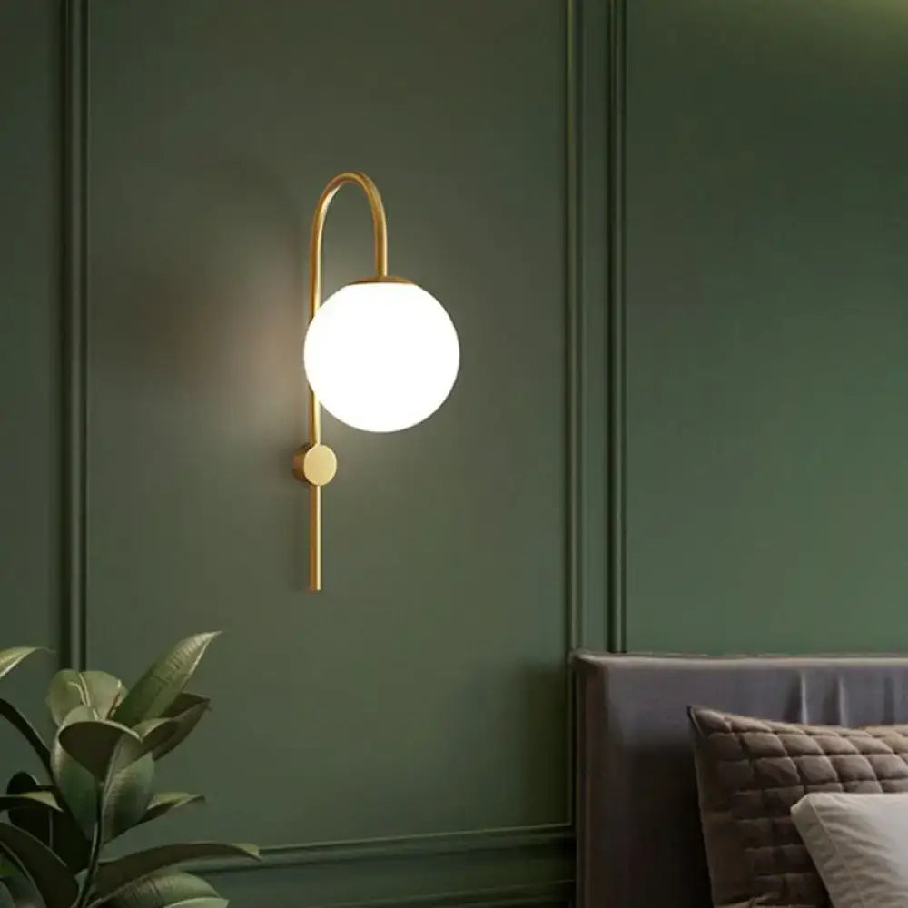 Postmodern gold gooseneck arm wall lamp bedroom cream glass globe