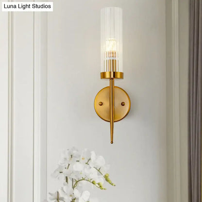 Postmodern gold ribbed glass wall sconce stairway light